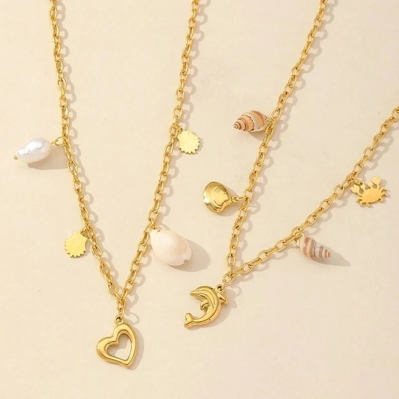 Casual Hawaiian Beach Dolphin Heart Shape Shell 304 Stainless Steel Acrylic Imitation Pearl 18K Gold Plated Multi Charms Necklace