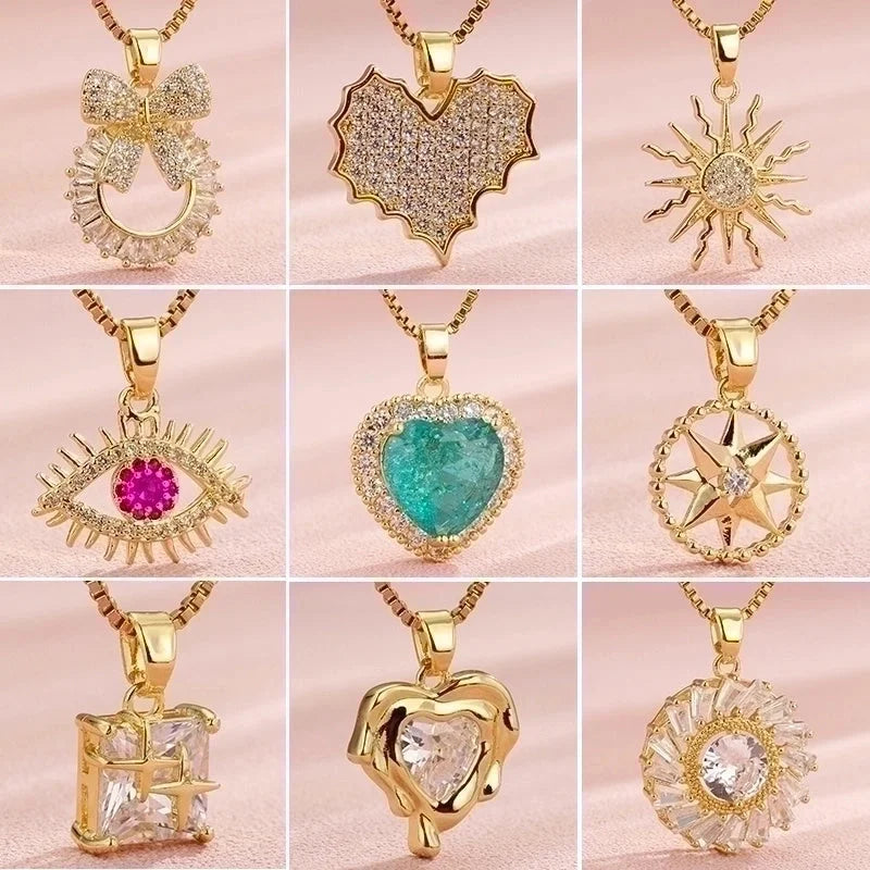 Vintage Style Heart Shape Flower Bow Knot Stainless Steel Copper Plating Inlay 18K Gold Plated Zircon Pendant Necklace