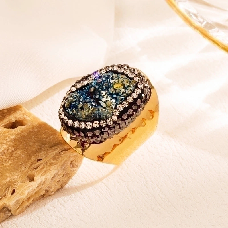 5 Pieces Elegant Retro Irregular Copper Plating Inlay Natural Stone Gold Plated Wide Band Ring