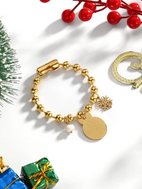 Casual Elegant Lady Santa Claus 304 Stainless Steel Freshwater Pearl 24K Gold Plated Freshwater Pearl Beaded Chain Bracelets In Bulk Christmas