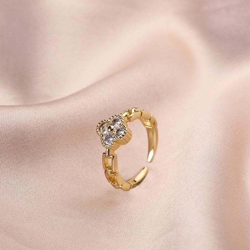 Classic Style Geometric Copper Plating Inlay Zircon 18k Gold Plated Open Ring