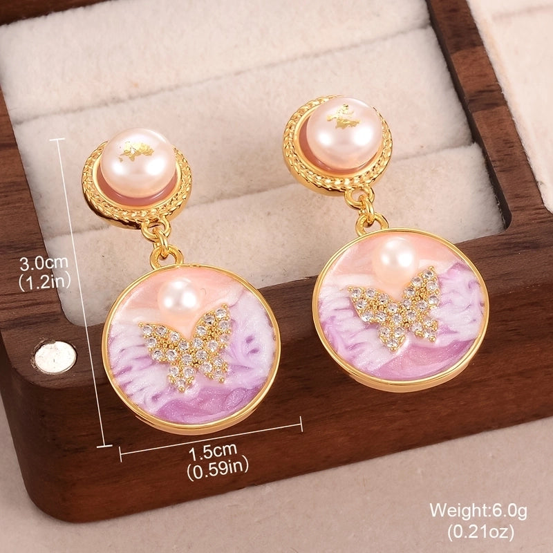 1 Pair Minimalist Classic Style Flower Butterfly Enamel Inlay Alloy Copper Natural Pearl Zircon Drop Earrings