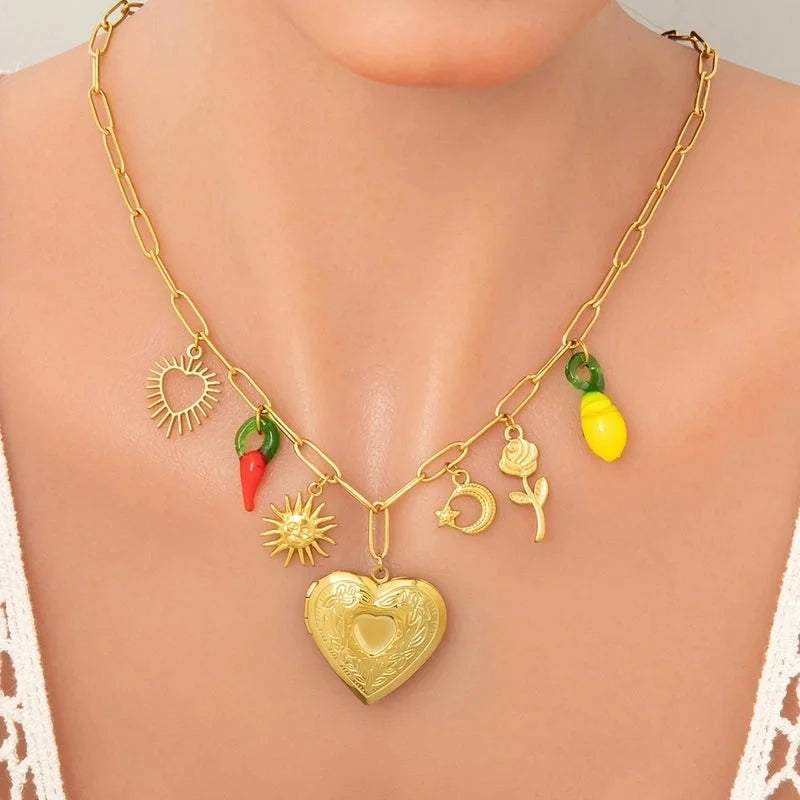 Casual Vacation Heart Shape 304 Stainless Steel Plating Multi Charms Necklace