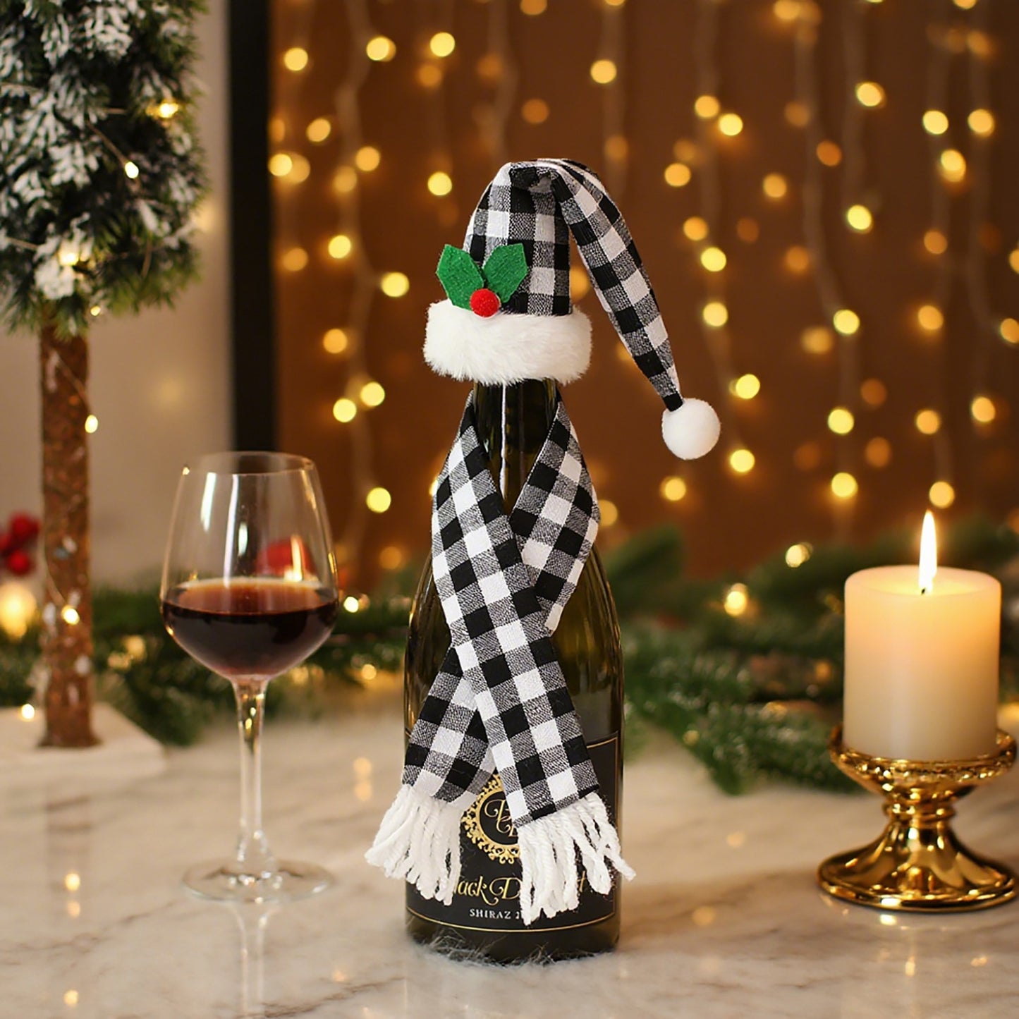 2 Sets Christmas Decoration Home Kitchen Tabletop Decoration Props Plaid Cloth Set Red Wine Bottle Cover Wine Bottle Bag