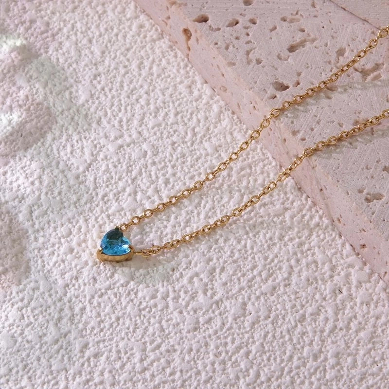 Sweet Minimalist Commute Heart Shape 304 Stainless Steel Rhinestones Birthstone 18K Gold Plated Inlay Necklace