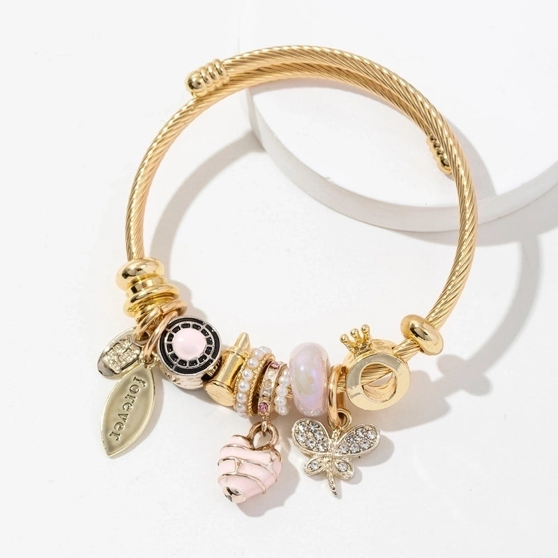 2 Pieces Casual Elegant Lady Heart Shape Dragonfly 304 Stainless Steel Alloy Artificial Crystal Bangle In Bulk