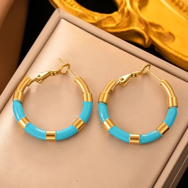 1 Pair Elegant Round Enamel Plating 304 Stainless Steel 18K Gold Plated Hoop Earrings