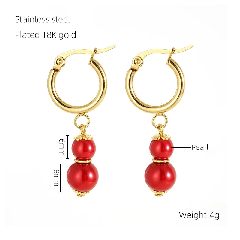 1 Pair Elegant Classical Round Pearl Plating 304 Stainless Steel 18K Gold Plated Drop Earrings