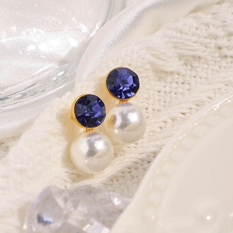 1 Pair Casual Sweet Minimalist Round Inlay 304 Stainless Steel Pearl Zircon 14K Gold Plated Ear Studs