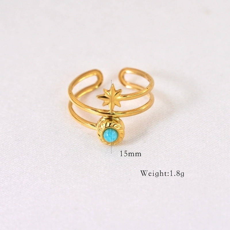 Retro French Style Eight Awn Star Geometric Titanium Steel Natural Stone Open Rings In Bulk