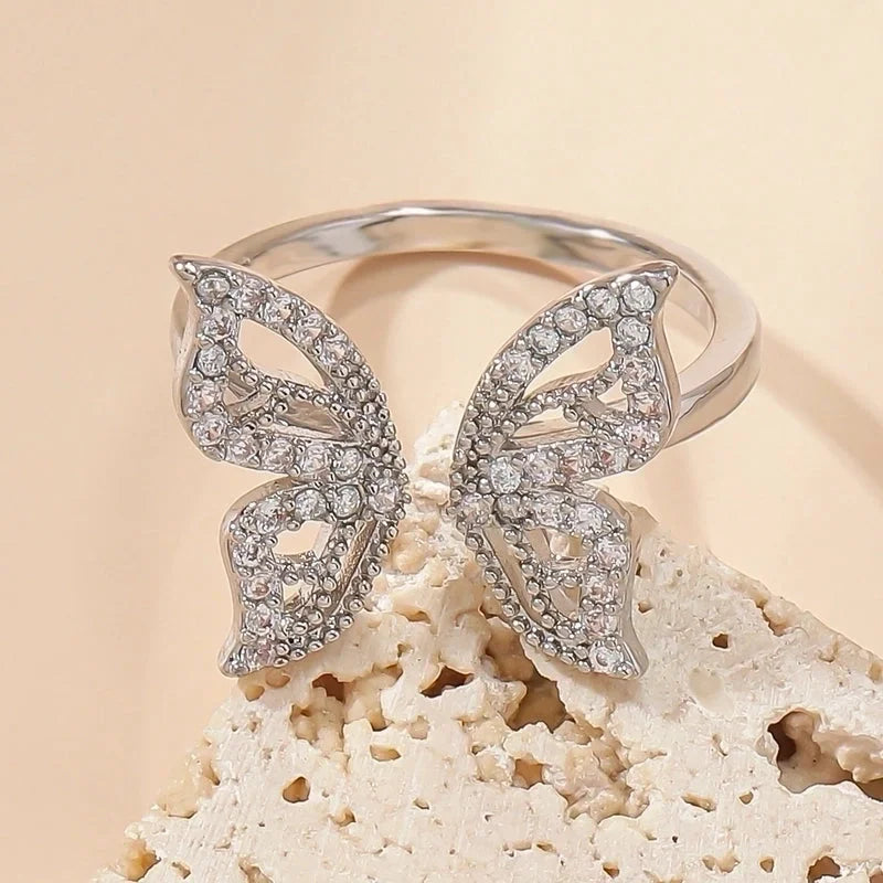 Fashion Butterfly Copper Inlay Zircon Open Ring 1 Piece