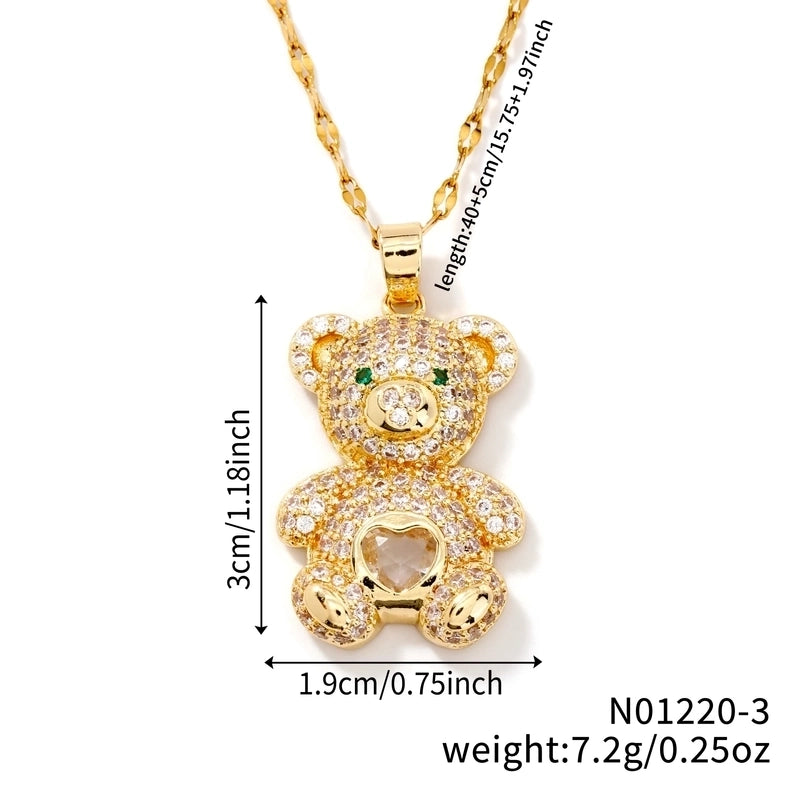 304 Stainless Steel Copper Rhodium Plated Inlay Bear Heart Shape Glass Zircon Pendant Necklace