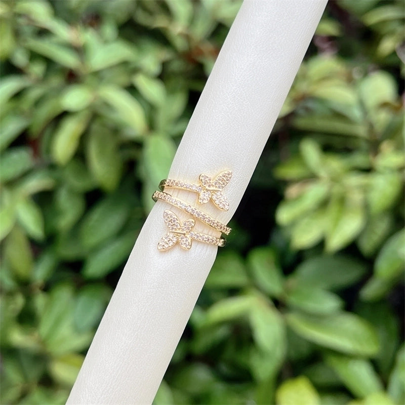 Copper 18K Gold Plated Heart Shape Butterfly Zircon Open Rings