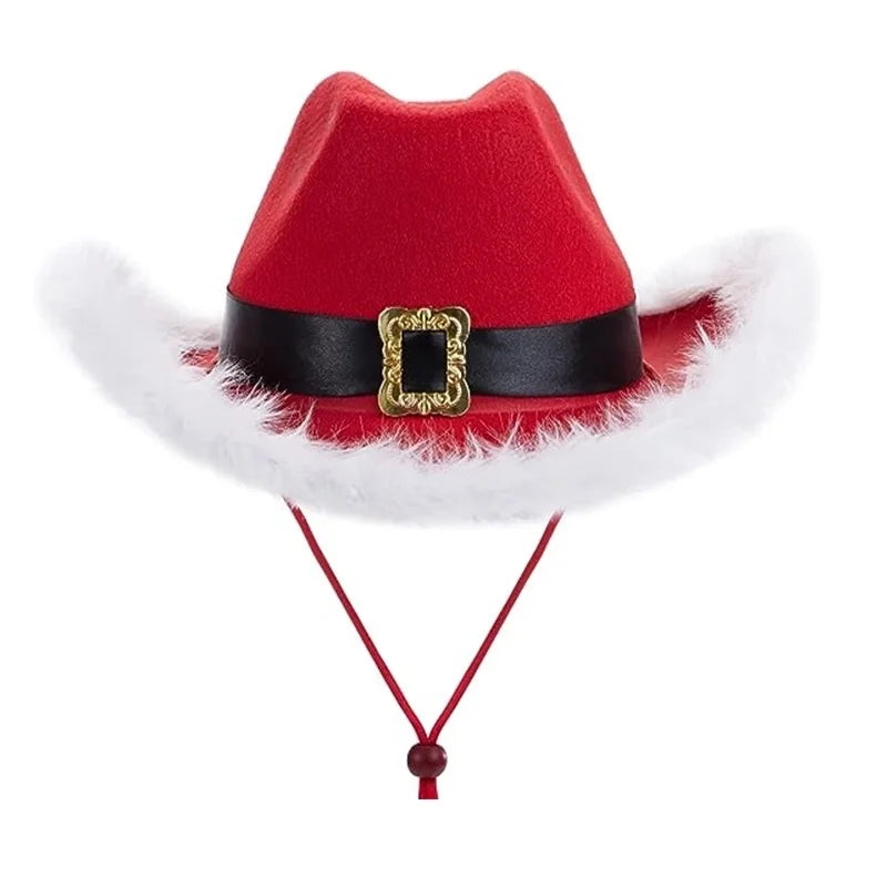 Christmas Red Cowboy Hat Feather Black Belt Cowboy Hat Western Cowboy Hat Santa Claus Belt Cowboy Hat