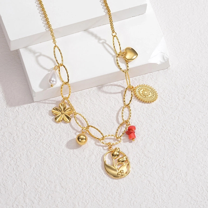 IG Style Minimalist Animal Heart Shape Flower 304 Stainless Steel 18K Gold Plated Multi Charms Pearl Multi Charms Necklace