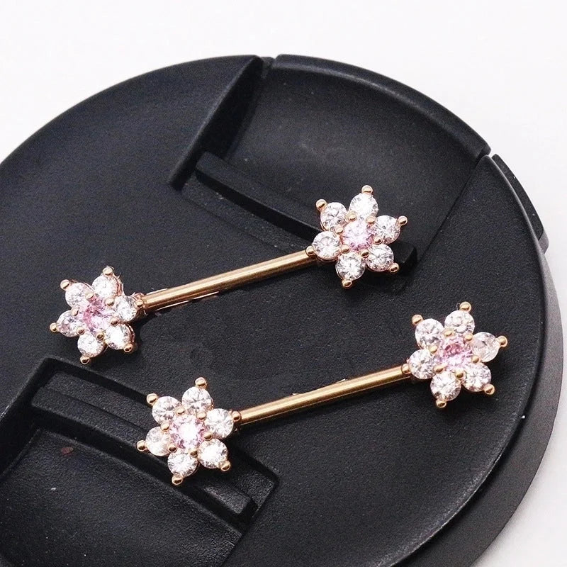 Casual Floral Stainless Steel Copper Rose Gold Plated Rhinestones Zircon Nipple Ring In Bulk