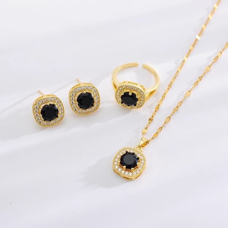 Copper 18K Gold Plated Minimalist Shiny Inlay Square Zircon Rings Earrings Necklace