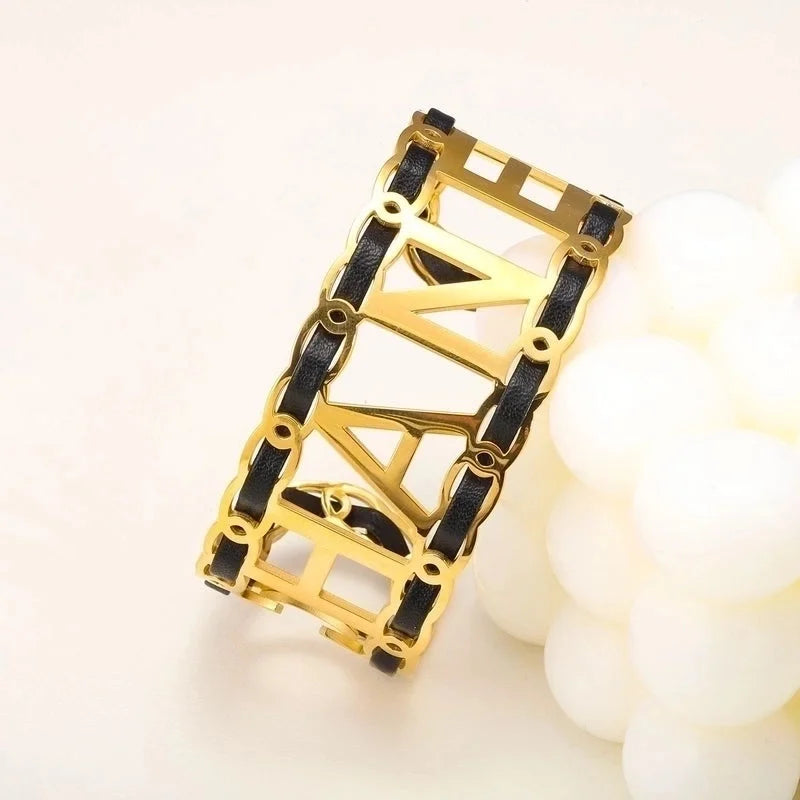 Minimalist Letter Leather Rope Titanium Steel Bangle In Bulk