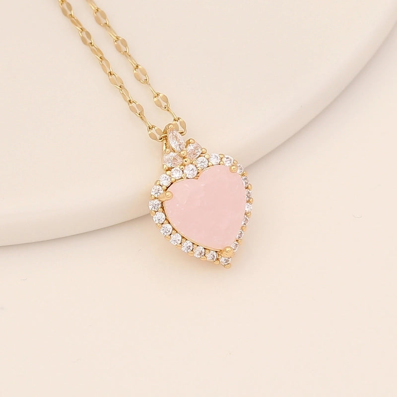 Fashion Heart Shape Stainless Steel Copper Inlay Zircon Pendant Necklace 1 Piece