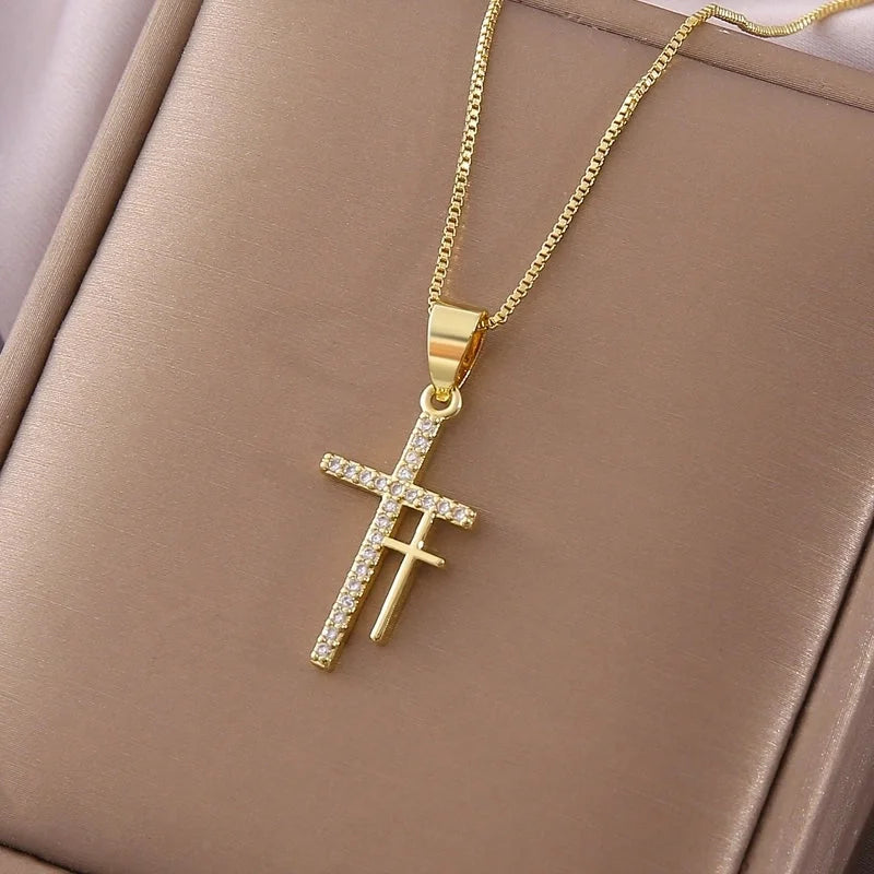 Double Cross Pendant Fashion New Copper Plated White Zircon Religious Necklace