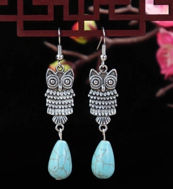 1 Pair Elegant Lady Ethnic Style Owl Flower Butterfly Turquoise Drop Earrings