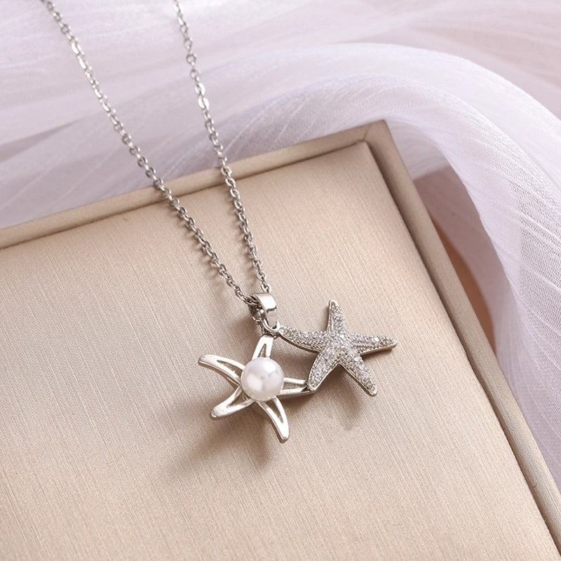 Casual Beach Starfish 304 Stainless Steel Pearl Zircon Plating Inlay Pendant Necklace