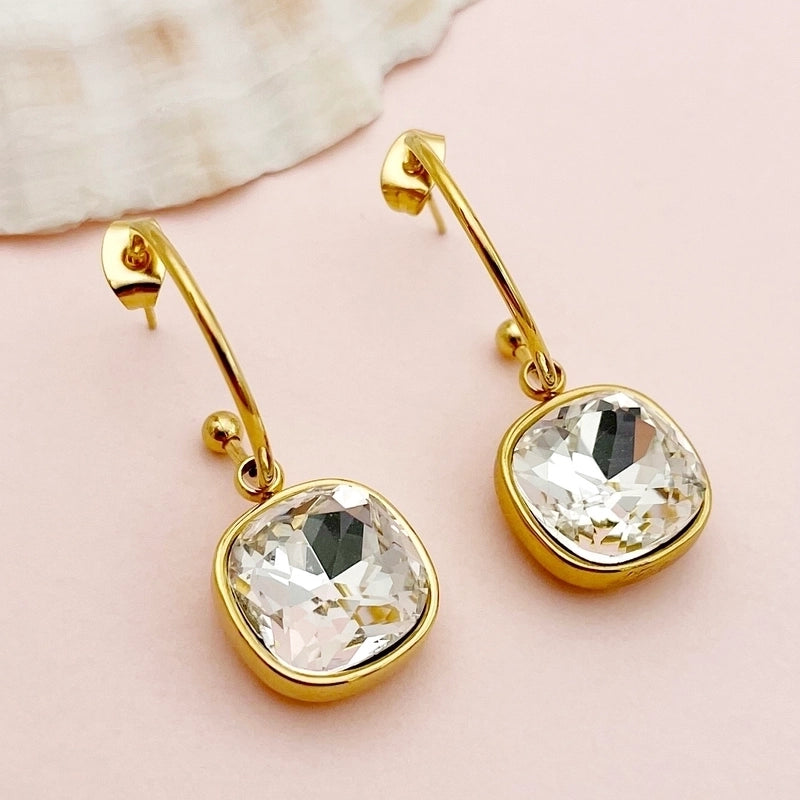 1 Pair Elegant Lady Sweet Square Polishing Plating Inlay 304 Stainless Steel Zircon 14K Gold Plated Drop Earrings
