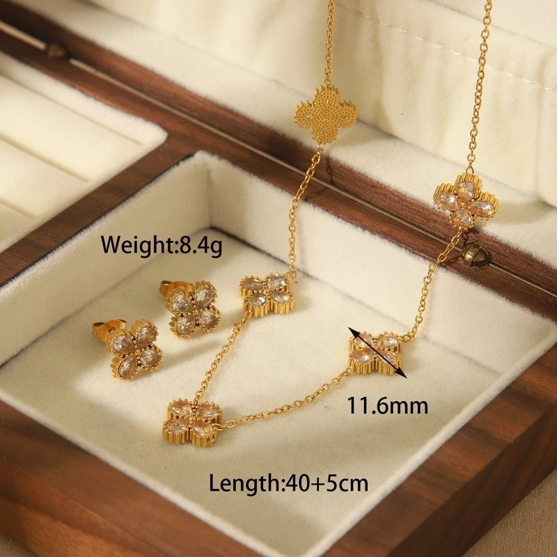 French Style Commute Four Leaf Clover Solid Color Flower 304 Stainless Steel Zircon 18K Gold Plated Inlay Jewelry Set