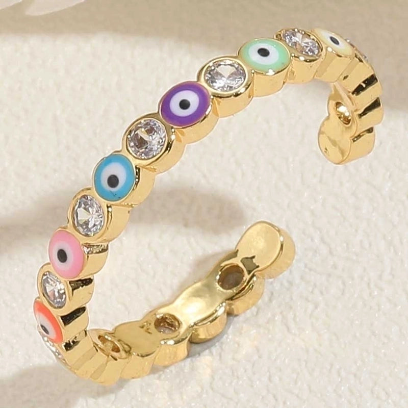 Cute Vintage Style Minimalist Devil's Eye Copper Enamel Plating Inlay Zircon 14k Gold Plated White Gold Plated Open Rings