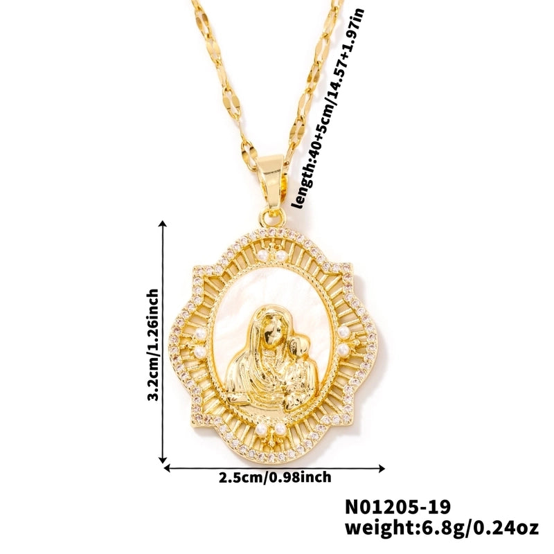 Vintage Style Religion Artistic Round Virgin Mary 304 Stainless Steel Copper Zircon K Gold Plated Inlay Pendant Necklace