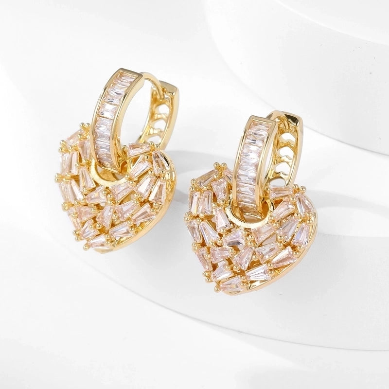 1 Pair Glam Shiny Heart Shape Copper Zircon K Gold Plated Drop Earrings