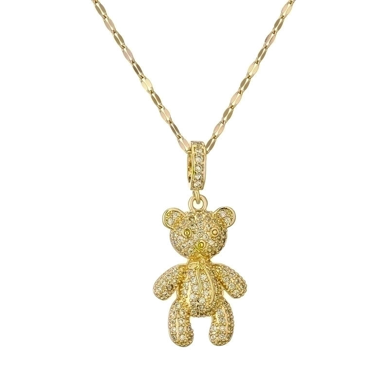 Cartoon Style Cute Little Bear Titanium Steel Copper Pearl Zircon Plating Inlay Pendant Necklace
