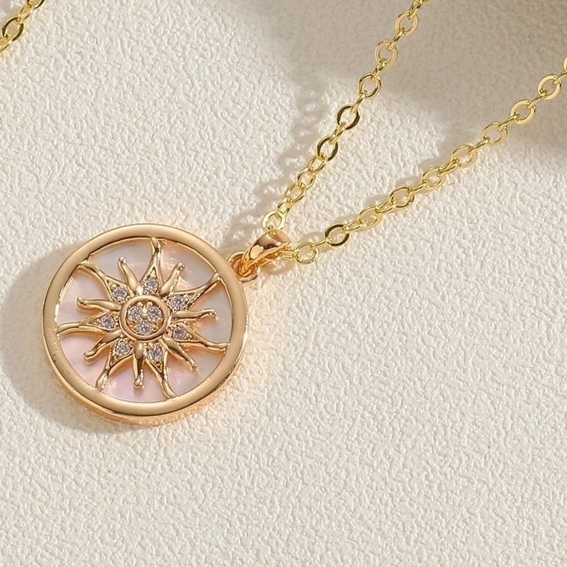 Cute Minimalist Hexagram Sun Copper Plating Inlay Shell Zircon 14k Gold Plated White Gold Plated Pendant Necklace