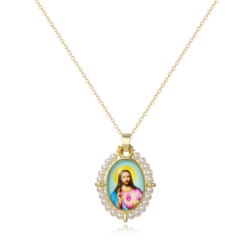 Copper 18K Gold Plated Inlay Human Virgin Mary Acrylic Imitation Pearl Pendant Necklace