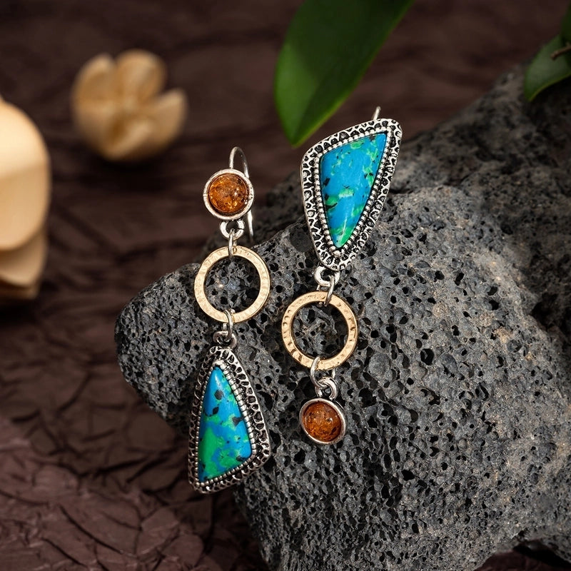 Hot Artistic Retro Geometric Lapis Lazor Ear Drop Bohemian Natural Stone Antique Women\'s Earrings