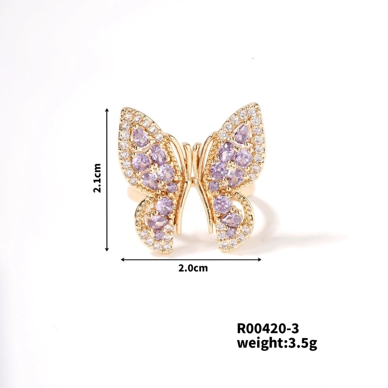 Copper K Gold Plated Rhodium Plated Sweet Minimalist Artistic Inlay Butterfly Zircon Open Rings
