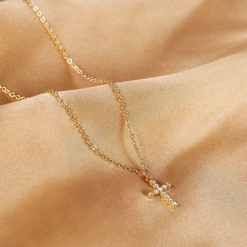 Elegant Streetwear Cross Titanium Steel Zircon 18K Gold Plated Plating Inlay Pendant Necklace
