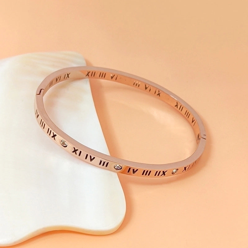 Minimalist Roman Numeral Titanium Steel 18K Gold Plated Artificial Rhinestones Bangle In Bulk