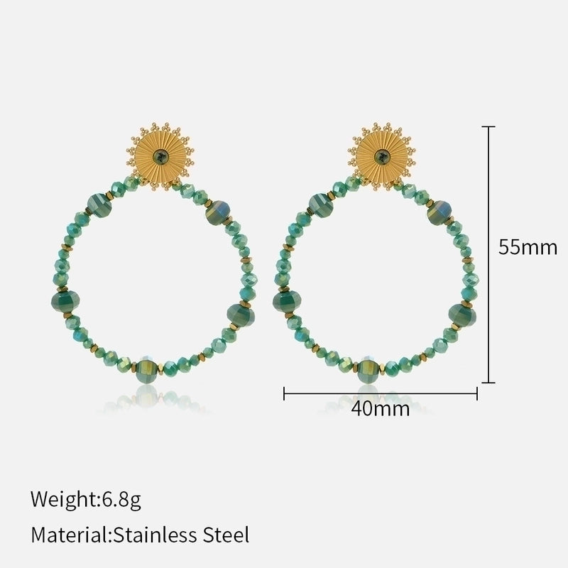 1 Pair Ethnic Style Circle Sun Beaded Handmade Inlay Stainless Steel Natural Stone Drop Earrings