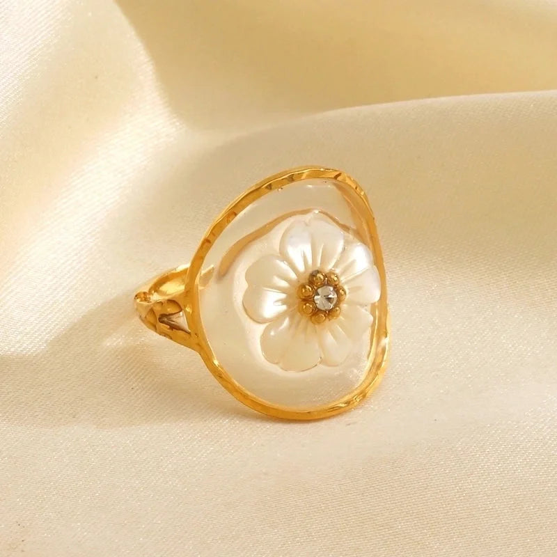 Minimalist IG Style Flower 304 Stainless Steel Resin Rhinestones 18K Gold Plated Plating Stainless Steel Rings