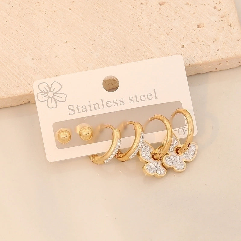 3 Pairs Minimalist Classic Style Heart Shape Butterfly Plating Inlay 304 Stainless Steel Zircon 18K Gold Plated Drop Earrings