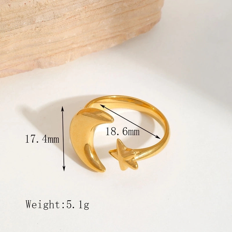 Elegant Minimalist Moon Water Droplets Rectangle 304 Stainless Steel Acrylic Zircon 18K Gold Plated Inlay Open Rings
