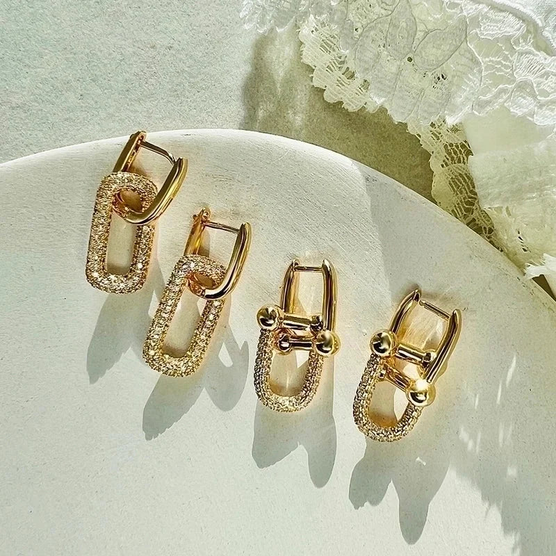 Aogu European And American Ins Niche Copper Gold Plated Inlaid Zircon Geometric Earrings Female Affordable Luxury Fashion High-grade All-match Earrings