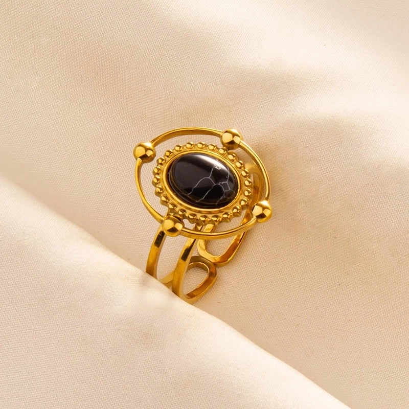 5 Pieces 304 Stainless Steel Retro Inlay Oval Artificial Gemstones Rings