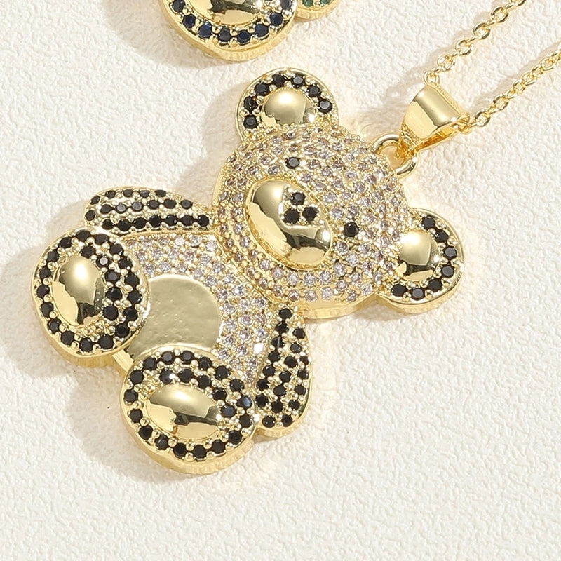 Minimalist Little Bear Brass Plating Inlay Zircon 14k Gold Plated Pendant Necklace