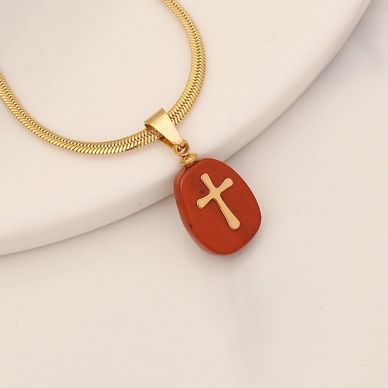 Retro Cross Stainless Steel Natural Stone Turquoise Pendant Necklace