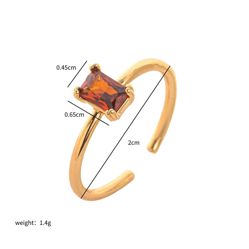 Modern Style Square Copper Zircon 18K Gold Plated Open Rings