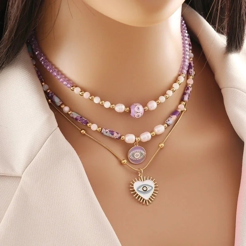 Bohemian Heart Shape Eye Stainless Steel Natural Stone Beaded Plating 18K Gold Plated Necklace