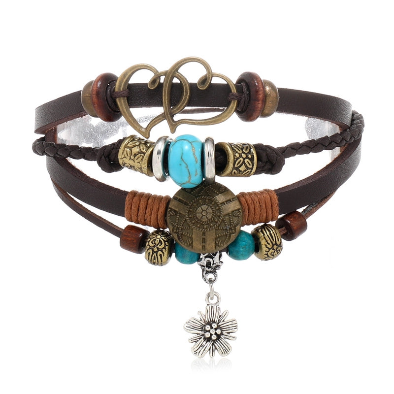 Ethnic Style Leaf Life Tree Butterfly Pu Leather Alloy Wooden Beads Beaded Inlay Artificial Gemstones Unisex Bracelets