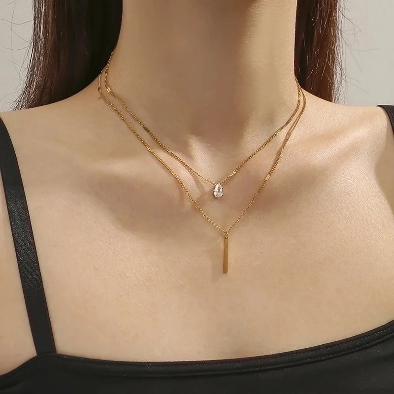 Elegant Lady Letter Lock Titanium Steel Rhinestones 18K Gold Plated Polishing Plating Inlay Layered Necklaces